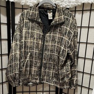 OUT BROOK VINTAGE, Black and Cream ANIMAL Print SILK TRACK JACKET SIZE L